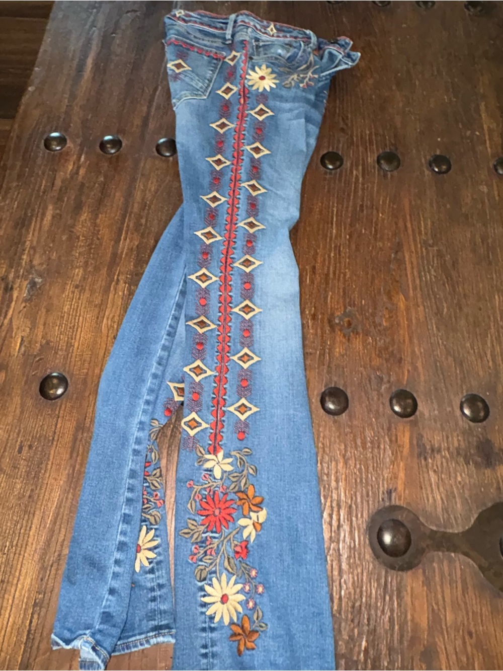 DRIFTWOOD Blue Flare Jeans with Red, Yellow & Cream Embroidery - Picture 7 of 8